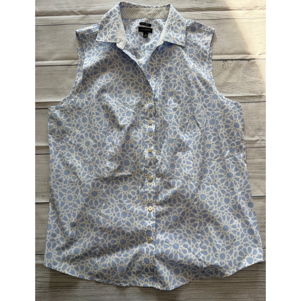Talbots Wrinkle-Resistant Geometric Shirt Womens 14 Blue White Cotton Basic